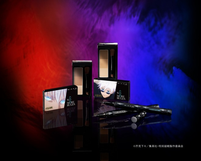 KATE’s best-selling cosmetics line collaborates with Jujutsu Kaisen for the first time, showcasing Gojo Satoru’s signature Six Eyes on limited-edition packaging featuring iconic anime scenes. The design fuses anime style with cosmetic elegance, appealing to both beauty lovers and fans of the series